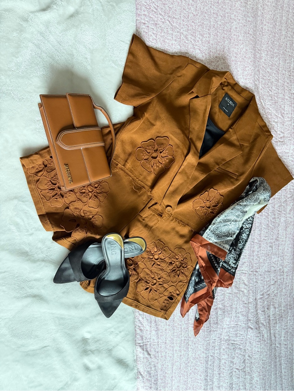 MANGO Women's Rust Brown Embroidered Short Sleeve Blazer